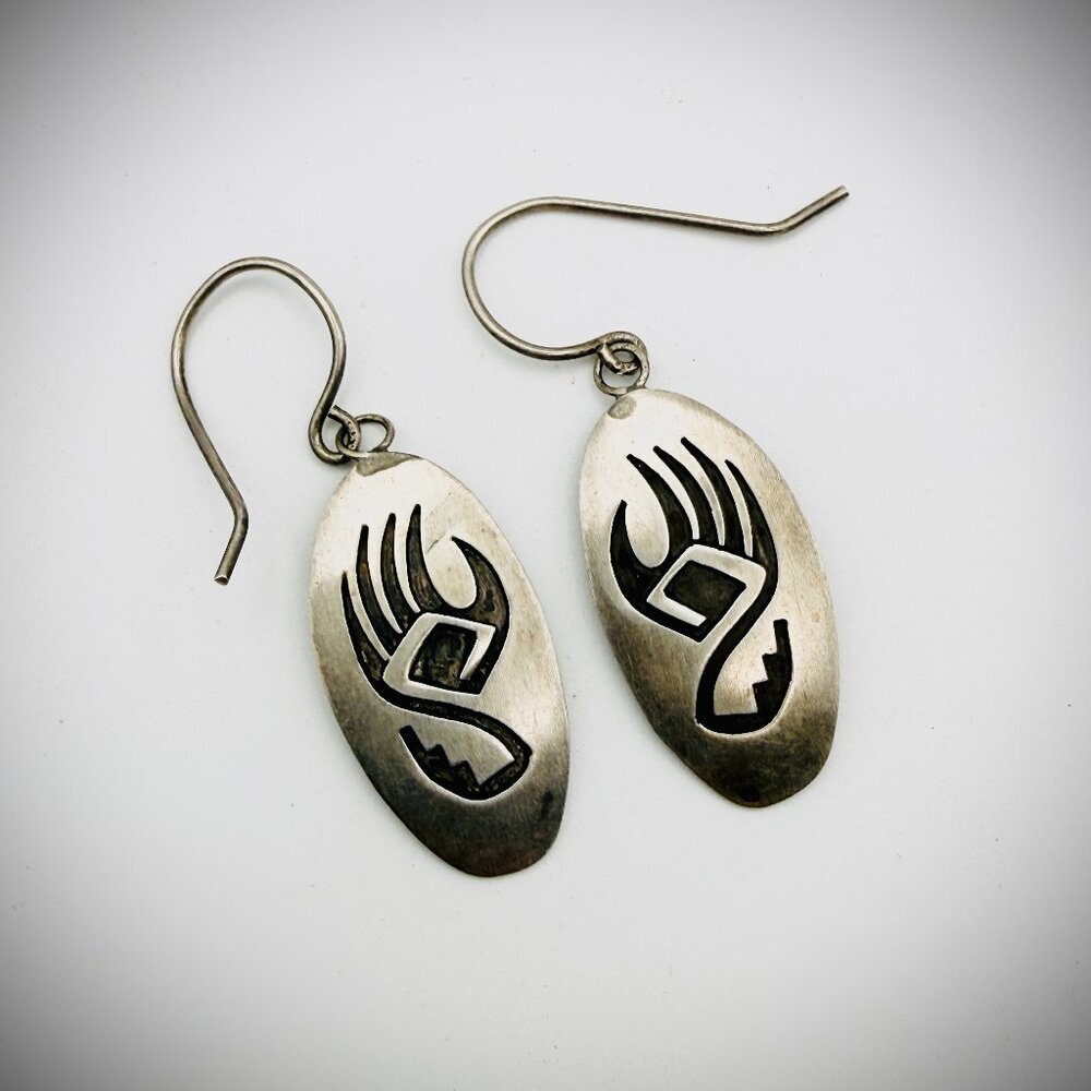 Vintage Hopi Sterling Silver Overlay Bear Paw Dangle Earrings
